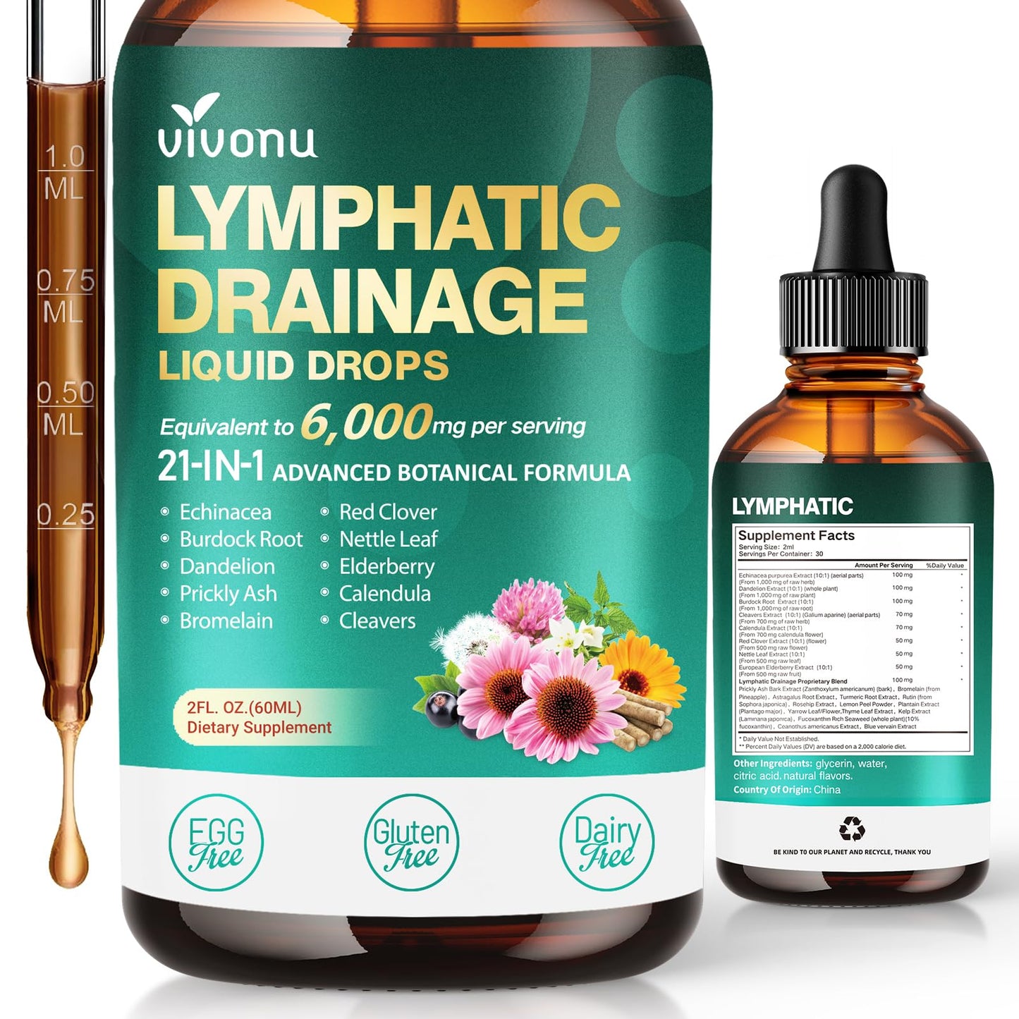 21-in-1 Lymphatic Drainage Drops for Liposomal, Immune & Lymph System Support Supplement for Women & Men with Echinacea, Dandelion, Burdock, Bromelain, Calendula, Turmeric & More, 2 FL OZ VivoNu buy supplements Au
