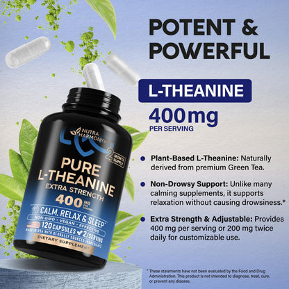 L Theanine 400 mg | L-Theanine Stress Relief | Extra Strength Supplement | Made in USA | Relaxation, Sleep & Calm Support | For Men & Women | Plant Based