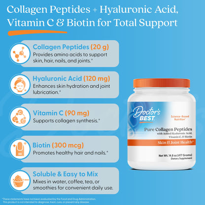 Doctor's BEST Pure Collagen Peptides w/Hyaluronic Acid - Collagen Powder Supplement for Women & Men, Unflavored, 18 g Protein & 90 mg Vitamin C per Serving, Supports Healthy Skin & Hair - 14.8 oz Doctor's BEST buy supplements Au