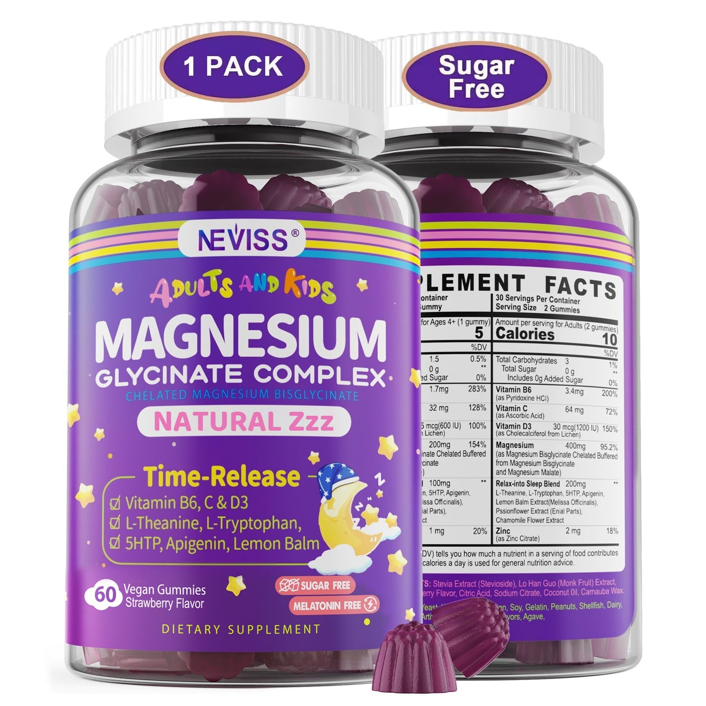 Magnesium Glycinate Gummies for Adults & Kids 4+, Sugar Free Magnesium Bisglycinate Supplement 400/200mg with B6D3, 5HTP, L-Theanine for Sleep & Relaxation, Brain, Muscle, Melatonin Free Gummies,1Pack NEVISSBuy Supplements Australia