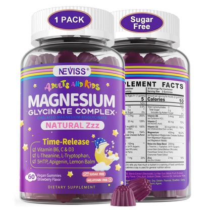 Magnesium Glycinate Gummies for Adults & Kids 4+, Sugar Free Magnesium Bisglycinate Supplement 400/200mg with B6D3, 5HTP, L-Theanine for Sleep & Relaxation, Brain, Muscle, Melatonin Free Gummies,1Pack NEVISSBuy Supplements Australia