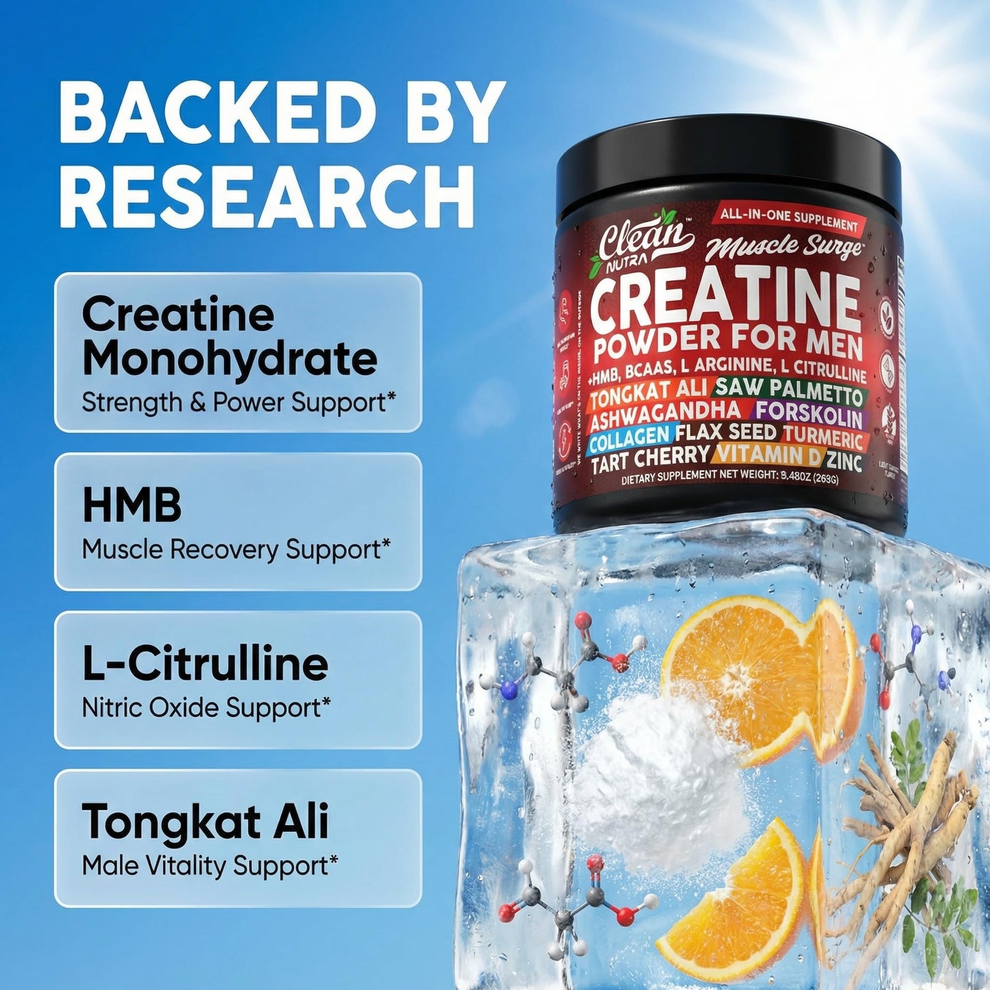 Clean Nutra Creatine Powder for Men + HMB BCAA L Arginine L Citrulline Tongkat Ali Saw Palmetto Ashwagandha Collagen Flax Seed Turmeric Preworkout Stevia