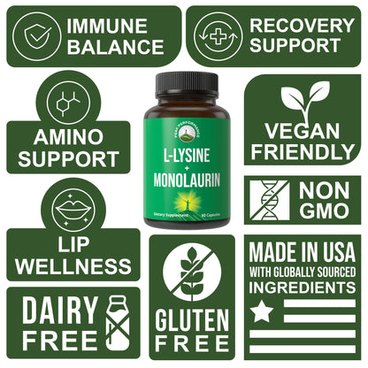 Peak Performance L Lysine 1000mg + Monolaurin 500mg High Potency Supplement for Lips, Skin, & Immune Support - L-Lysine 2-in-1 Bioavailable Supplements