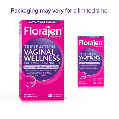 Florajen Women’s Triple-Action Probiotic, Prebiotic + Probiotic + Cranberry for Vaginal, Digestive, & Immune Support - Fast-Acting -