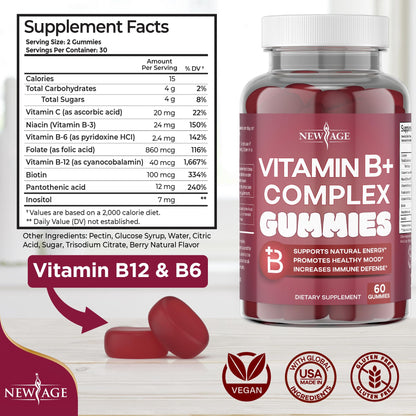 NEW AGE Vitamin B Complex Gummies with Vitamin B3, B6, & B12 – with Biotin, Folic Acid & Vitamin C – Gluten-Free, Vegan