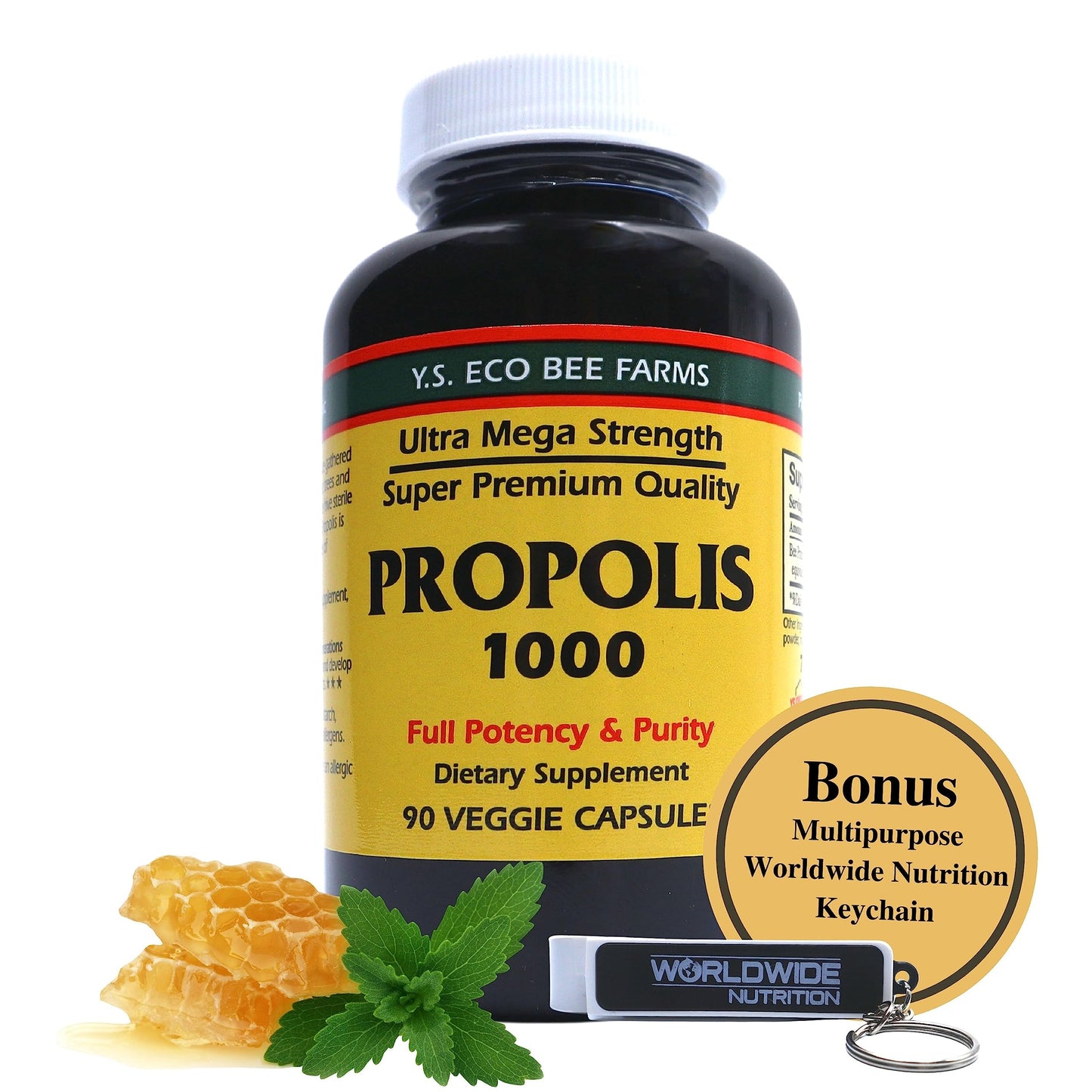 Y.S. Eco Bee Farms propolis supplement bottle with honeycomb and mint leaf on a white background