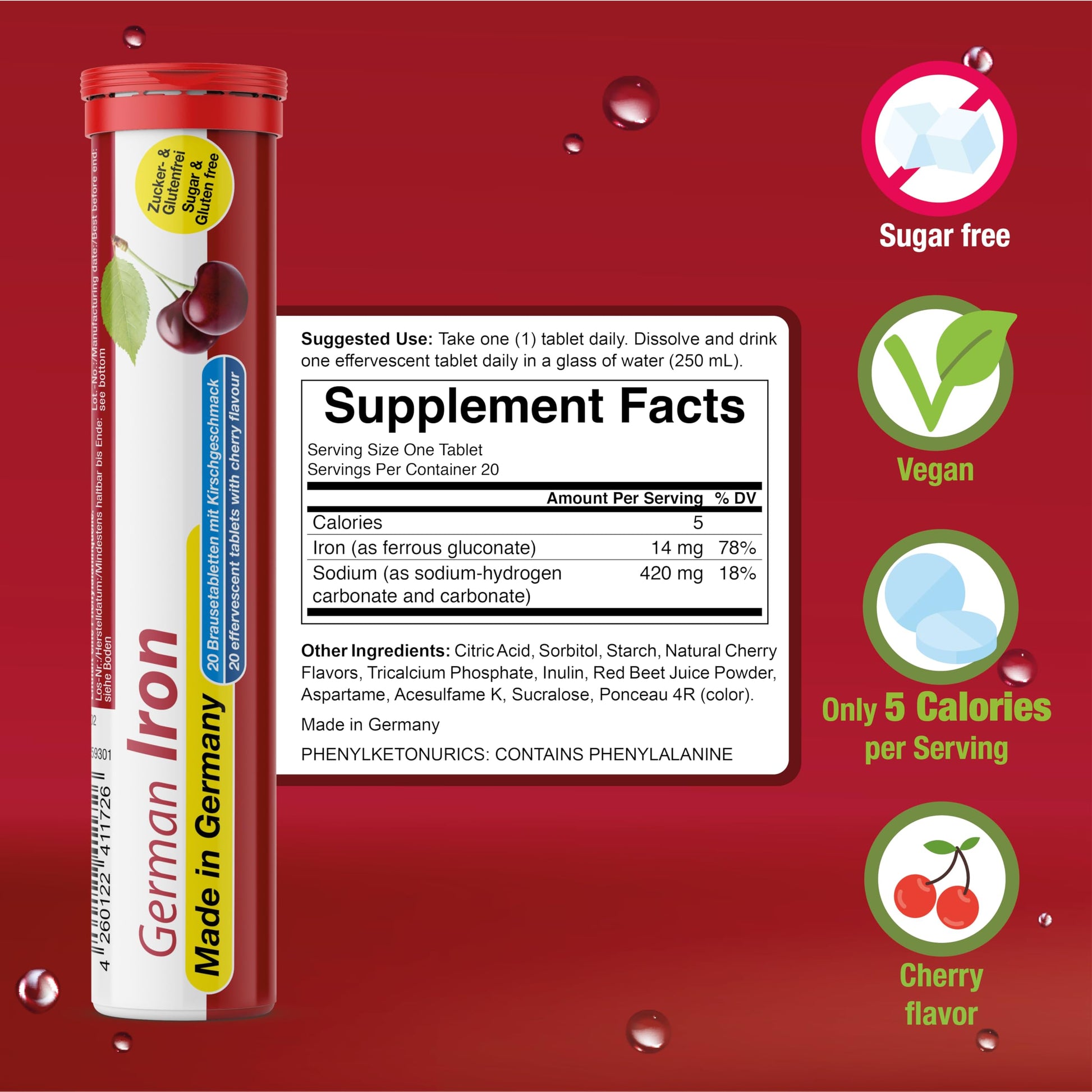 T&D German Iron 14 mg - 40 Vegan Drink Effervescent Tablets - Cherry Flavor - Made in Germany T&D buy supplements Au