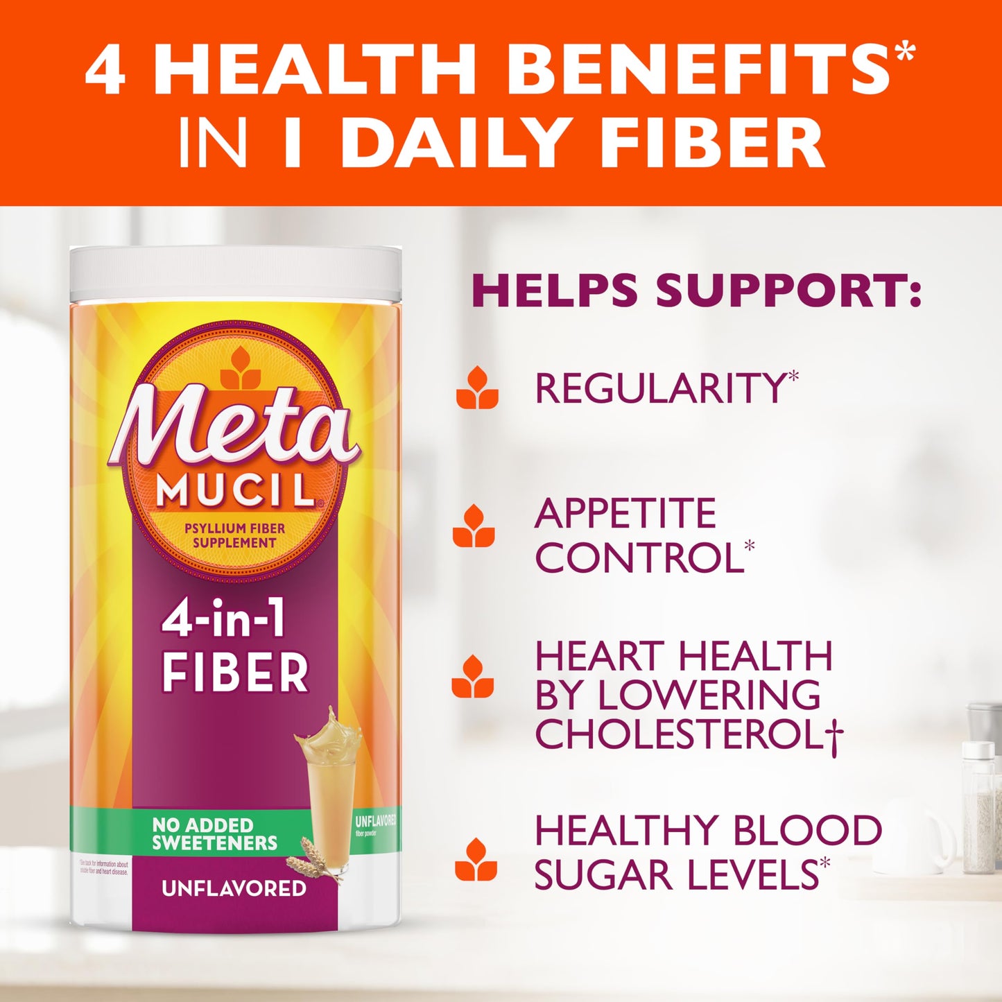 Metamucil, Psyllium Husk Powder, Unflavored with No Added Sweeteners, 114 Servings, 4-in-1 Fiber Supplement, Daily Psyllium Husk Fiber Powder