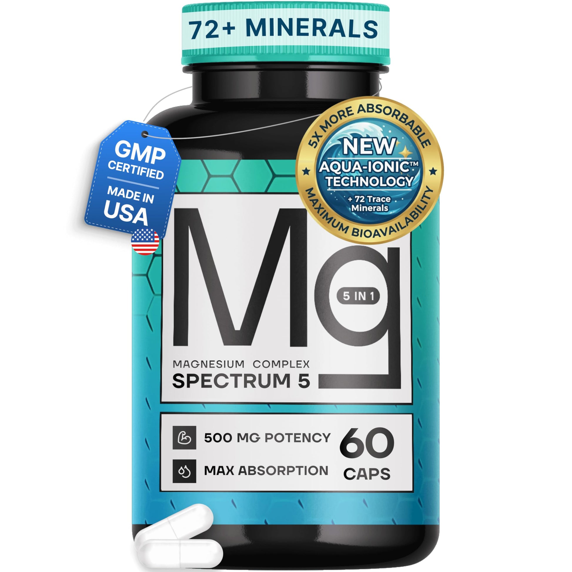 Supplement bottle labeled 'Mg Spectrum 5' with various certification badges on a white background