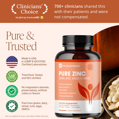 Pure Zinc Supplement 25mg - TRAACS Bisglycinate Chelate - 120 Capsules for Immune Support, Skin Health & Energy - for Men & Women