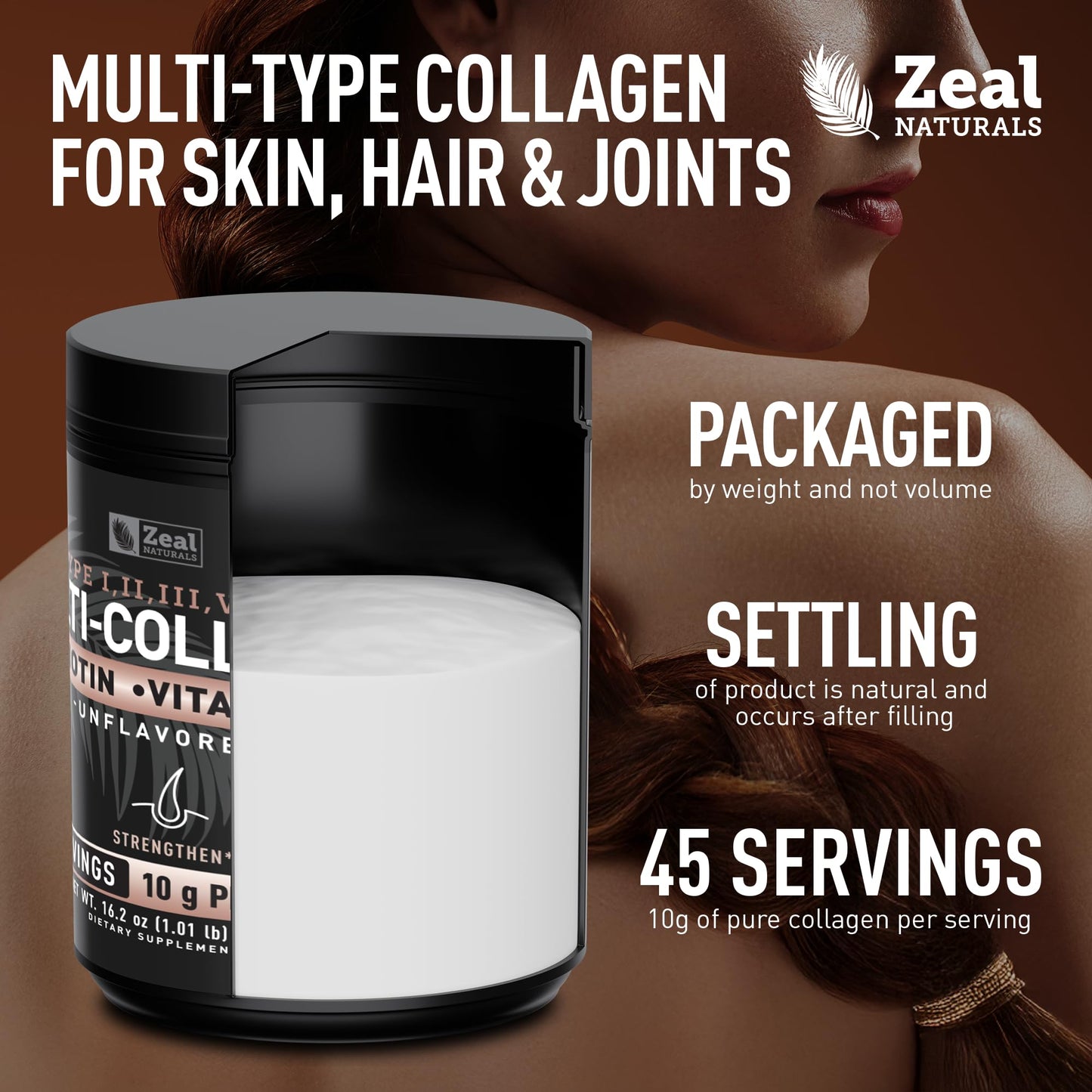 Zeal Naturals Multi Collagen Protein Peptides Powder Types I II III V X - Vitamin C, Biotin & Hyaluronic Acid - Hair, Skin & Nails - Marine, Bovine, Chicken & Eggshell - Unflavored, 45 Servings Zeal Naturals buy supplements Au