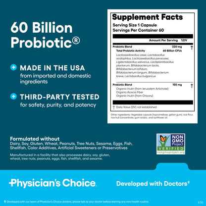 Physician's CHOICE Probiotics 60 Billion CFU - 10 Strains + Organic Prebiotics - Immune, Digestive & Gut Health - Supports Occasional Constipation, Diarrhea, Gas & Bloating