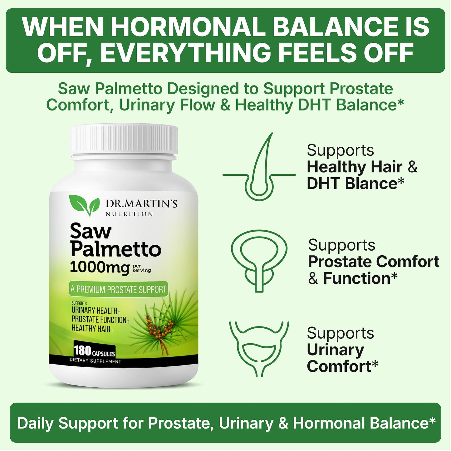 USA Grown Saw Palmetto | 180 Capsules Prostate Health Supplement | Hair Growth for Men & Women | Support to Help Maintain Normal Urination Frequency