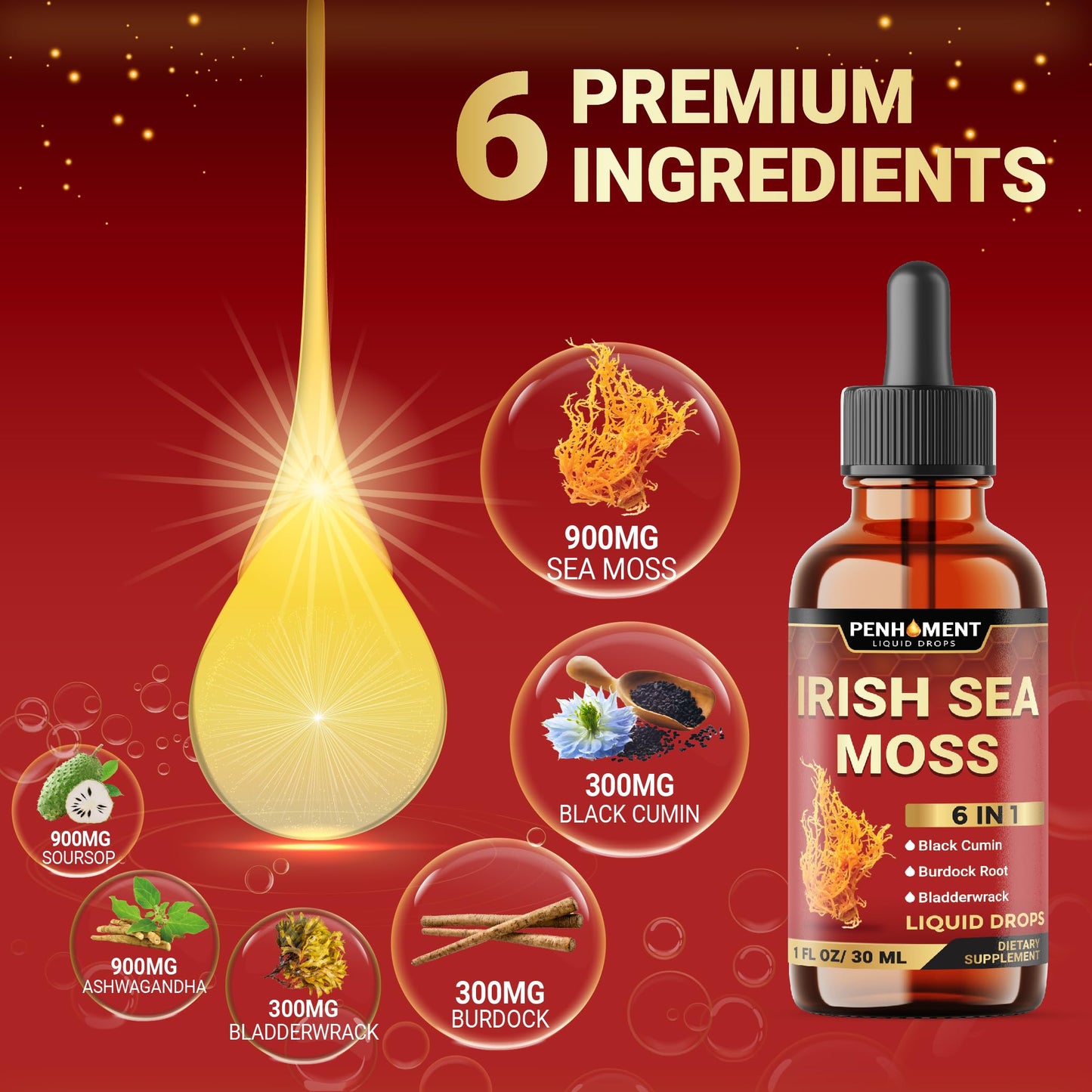 Penhoment 6in1 Sea Moss Drops with Black Seed Oil Irish Seamoss, Ashwagandha, Burdock Root & Bladderwrack - 1FL Oz - 30 Day Supply Penhoment buy supplements Au