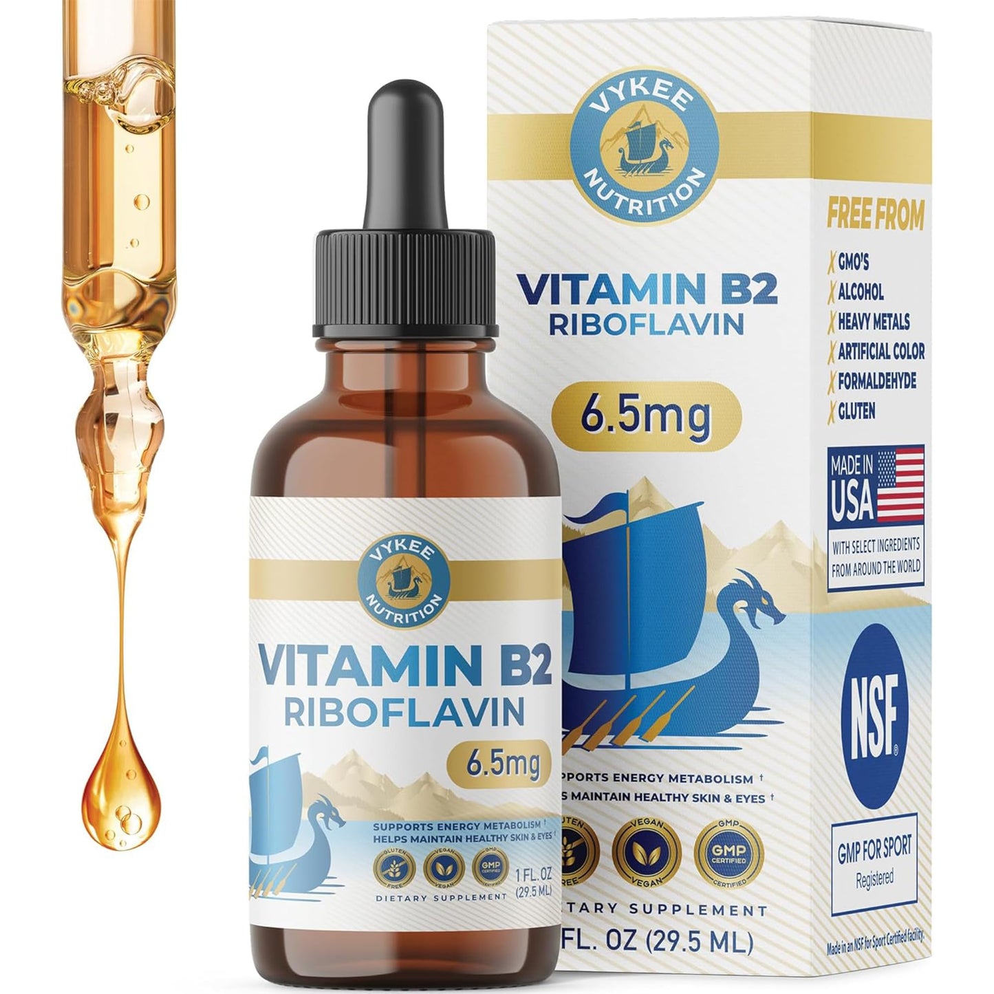 Vykee Nutrition Vitamin B2 Riboflavin Drops - Liquid B2 Supplement for Energy Metabolism, Cellular Function and Vision Support - Vegan, Non-GMO, Gluten-Free