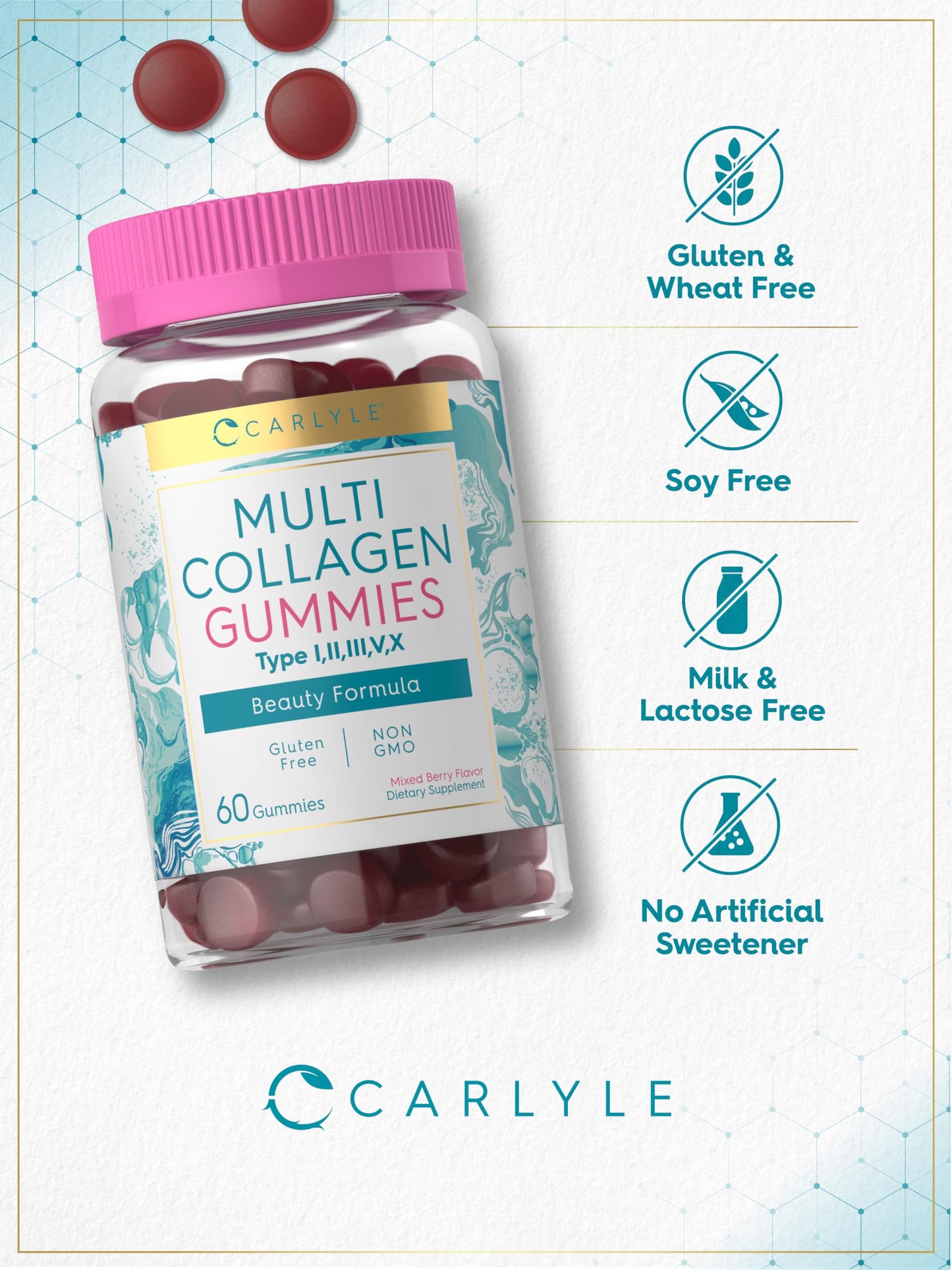 Carlyle Collagen Peptides Gummies | 60 Count | Multi Collagen Complex | Beauty Formula Supplement | Mixed Berry Flavor | Non-GMO, Gluten Free Carlyle buy supplements Au
