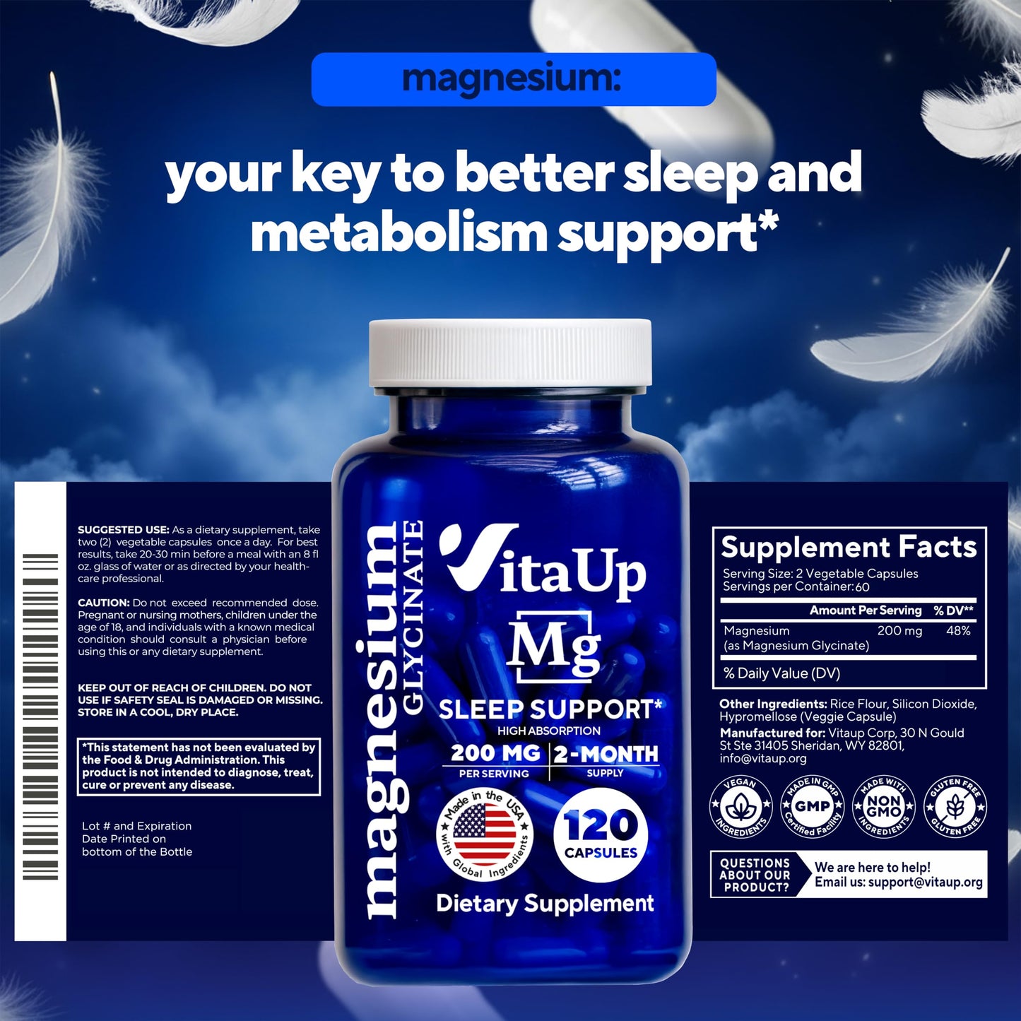 VitaUp Magnesium Glycinate 200mg - USA Made, Highly Absorbed, Non-GMO Magnesium for Relaxation, Deep Sleep, Bones & Heart - 200mg per Serving, 120 Vegan Capsules VitaUpBuy Supplements Australia