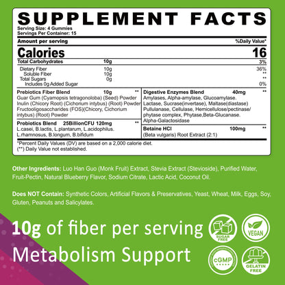 Fiber Gummies for Adults, Sugar Free 10g Prebiotic Fiber Supplement with Digestive Enzymes, Probiotics & 100mg Betaine for Digestive & Gut Health