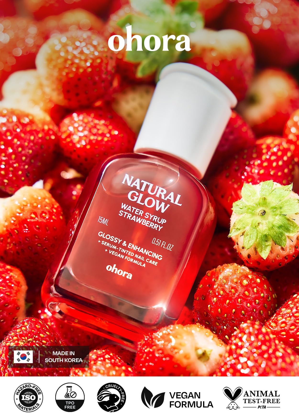 ohora Natural Glow Water Syrup Nail Strengthener (Strawberry) - Tinted Nail Hardener for Brittle, Damaged Nails, Quick-Dry Glossy Finish