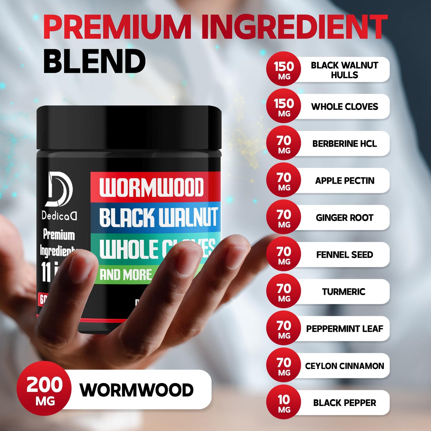 DEDICAD Wormwood Capsules Supplement - Extracted from Black Walnut, Cloves, Turmeric, Apple, Berberine HCl & More - 11 Ingredients Combined for Immune System, Body Management - 60 Capsules DEDICAD buy supplements Au
