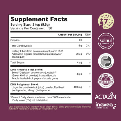 38TERA DMN (Daily Microbiome Nutrition), 6 Oz, Plant-Based Fiber Powder with 3 Different Prebiotics, Helps Digestive & Gut Health, Low FODMAP Supplement, Vegan, Wild Berry Flavor, 30 Servings