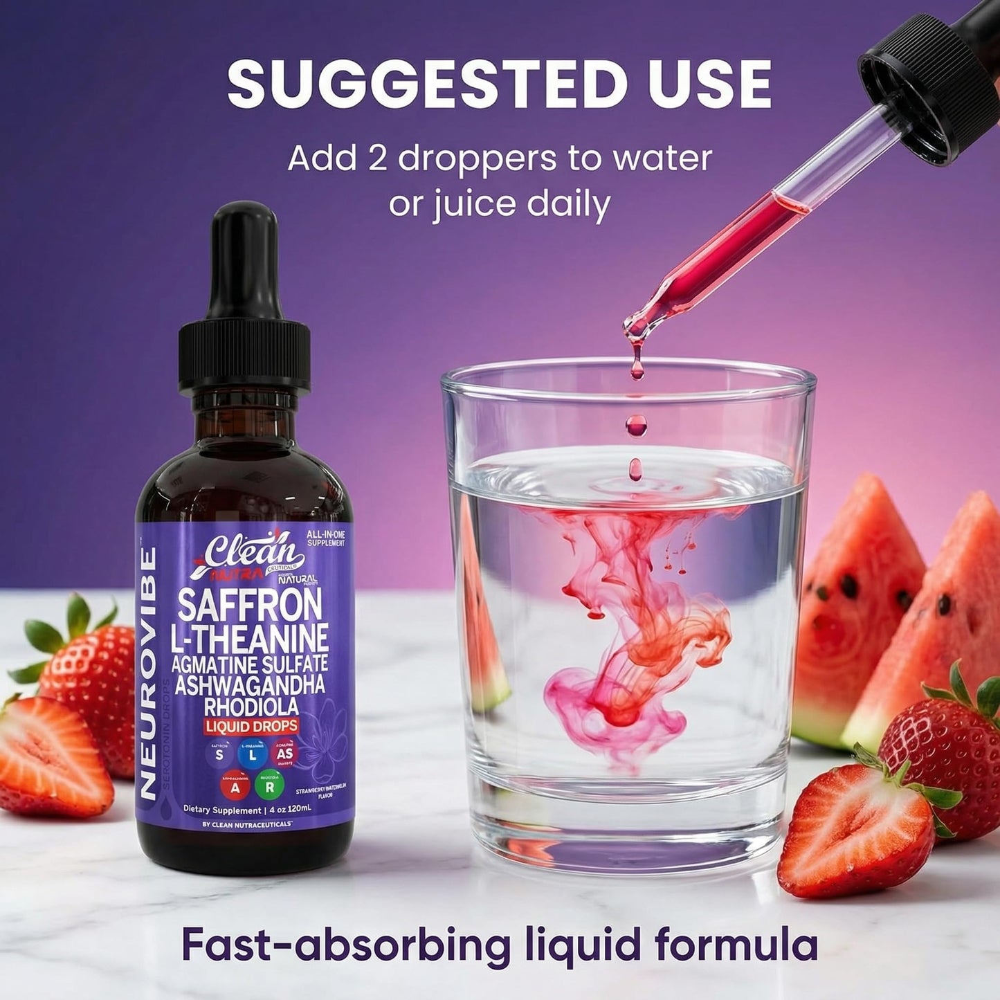 Saffron Supplements Liquid Drops L-Theanine Agmatine Sulfate Ashwagandha Magnesium Glycinate B6 Magnesium Stress Relief Mood Support 5-HTP GABA Supplement Vitamin D 4oz by Clean Nutra
