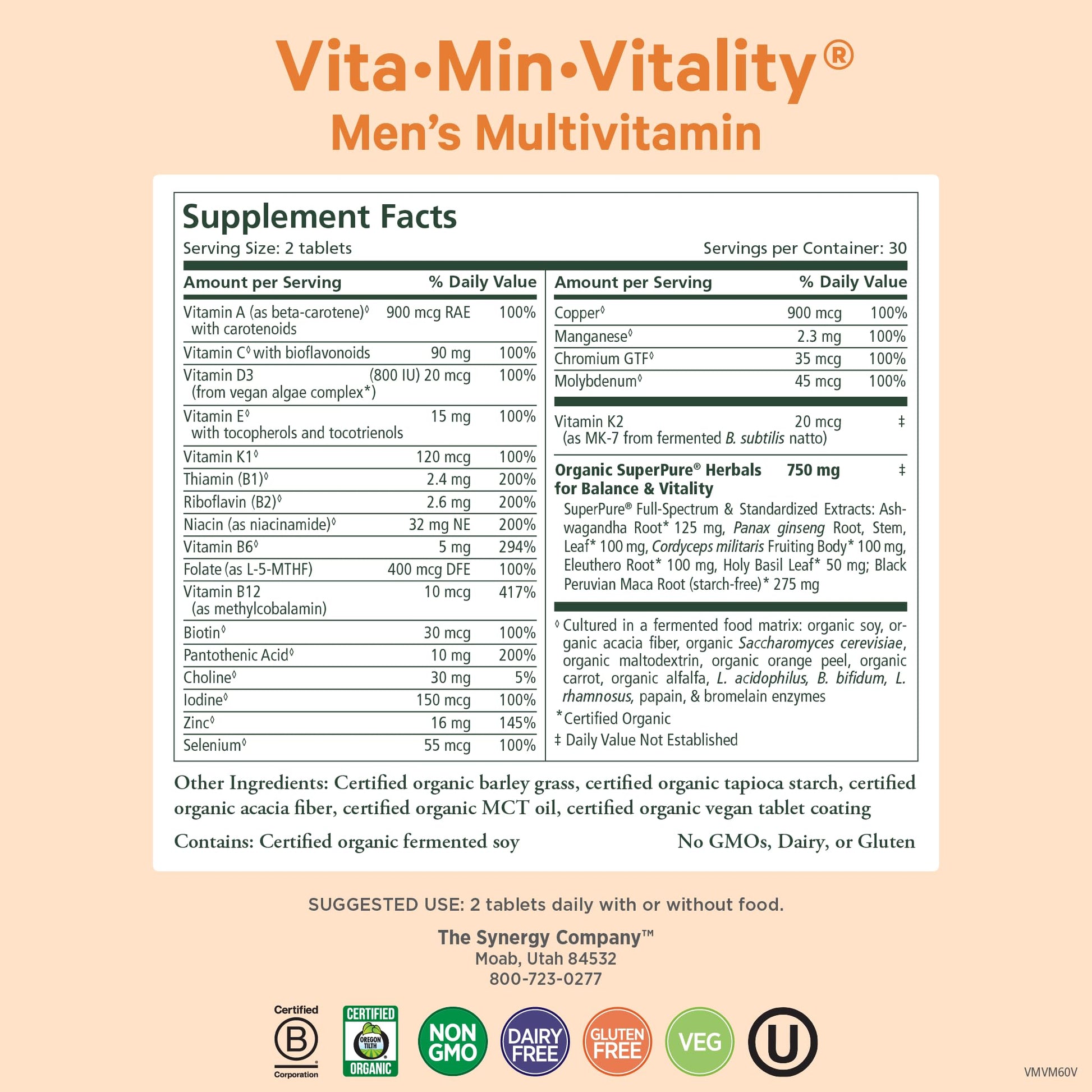 PURE SYNERGY Vita·Min·Vitality | Natural Multivitamin for Men | Men’s Daily Multivitamin Made with Organic Whole Foods | for Energy, Stress, and Immune Support (60 Tablets) PURE SYNERGY buy supplements Au
