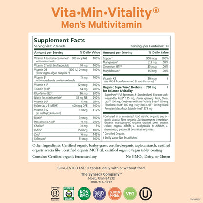 PURE SYNERGY Vita·Min·Vitality | Natural Multivitamin for Men | Men’s Daily Multivitamin Made with Organic Whole Foods | for Energy, Stress, and Immune Support (60 Tablets) PURE SYNERGY buy supplements Au