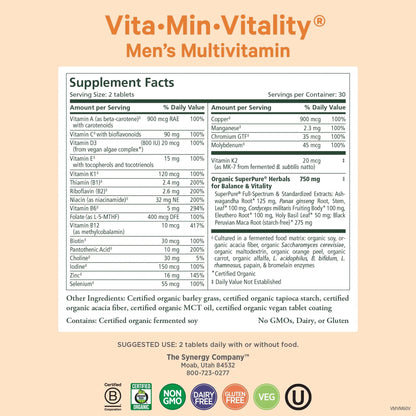 PURE SYNERGY Vita·Min·Vitality | Natural Multivitamin for Men | Men’s Daily Multivitamin Made with Organic Whole Foods | PURE SYNERGY