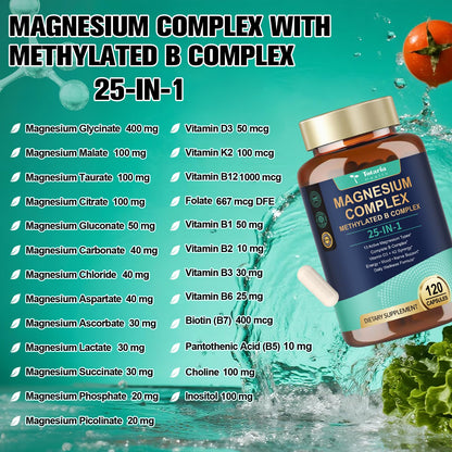 25-in-1 Magnesium Complex with Methylated B Complex Magnesium Glycinate Citrate Malate Taurate Gluconate Aspartate Carbonate D3 K2, Magnesium Supplement for Relaxation Energy & Nerve, 120 Vegan Caps Totaria buy supplements Au