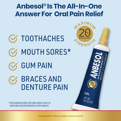 Anbesol Maximum Strength Gel - Instant Oral Pain Relief, for Toothaches, Gums, Braces, & Denture Pain, and Mouth Sores*, Canker Sore Treatment Inside Mouth, ADA Accepted, 0.33 oz Anbesol buy supplements Au