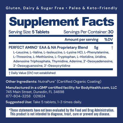 BodyHealth PerfectAmino (150 ct) Easy to Swallow Tablets, Essential Amino Acids Supplement with BCAAs, Vegan Protein for Pre/Post Workout & Muscle Recovery with Lysine, Tryptophan, Leucine, Methionine BodyHealth buy supplements Au