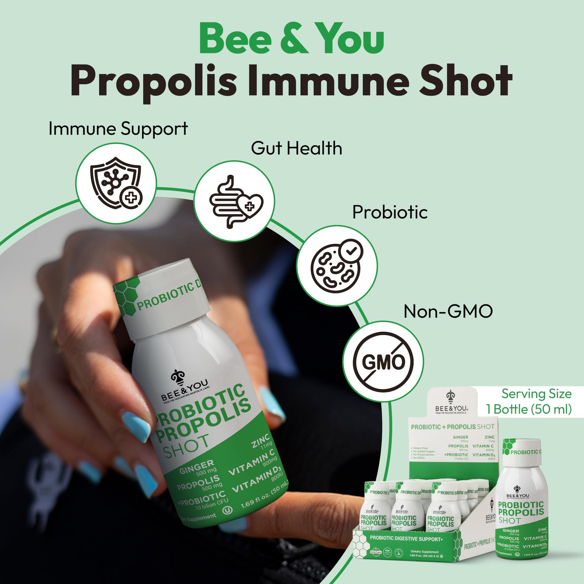 Bee and You Propolis Immune Shot, Probiotic, Vitamin C, Vitamin D3, Zinc, Ginger, Immune Support, Gut Health, Digestive Health, Bioactive 1.69 Fl. oz, 12 Pack BEE & YOU buy supplements Au