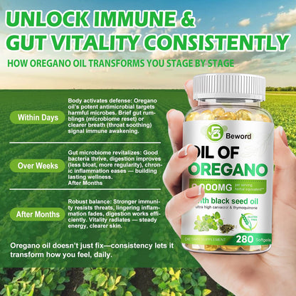 BEWORD Oil of Oregano with Black Seed Oil, 280 Softgels, 9000mg Per Serving – 2-in-1 Oregano Supplement for Immune Health with High Carvacrol & Thymoquinone | Plant-Based, Non-GMO