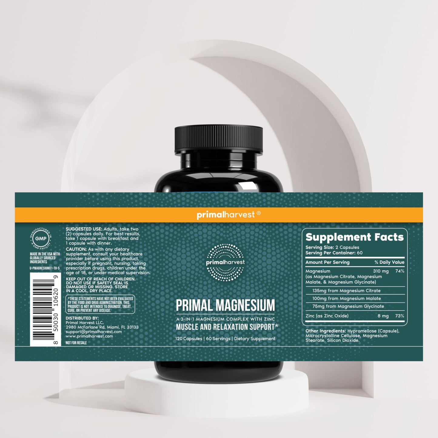 Magnesium Supplement Complex 310mg by Primal Harvest with Magnesium Glycinate, Citrate, Malate, and Zinc 120 Capsules Primal Harvest buy supplements Au