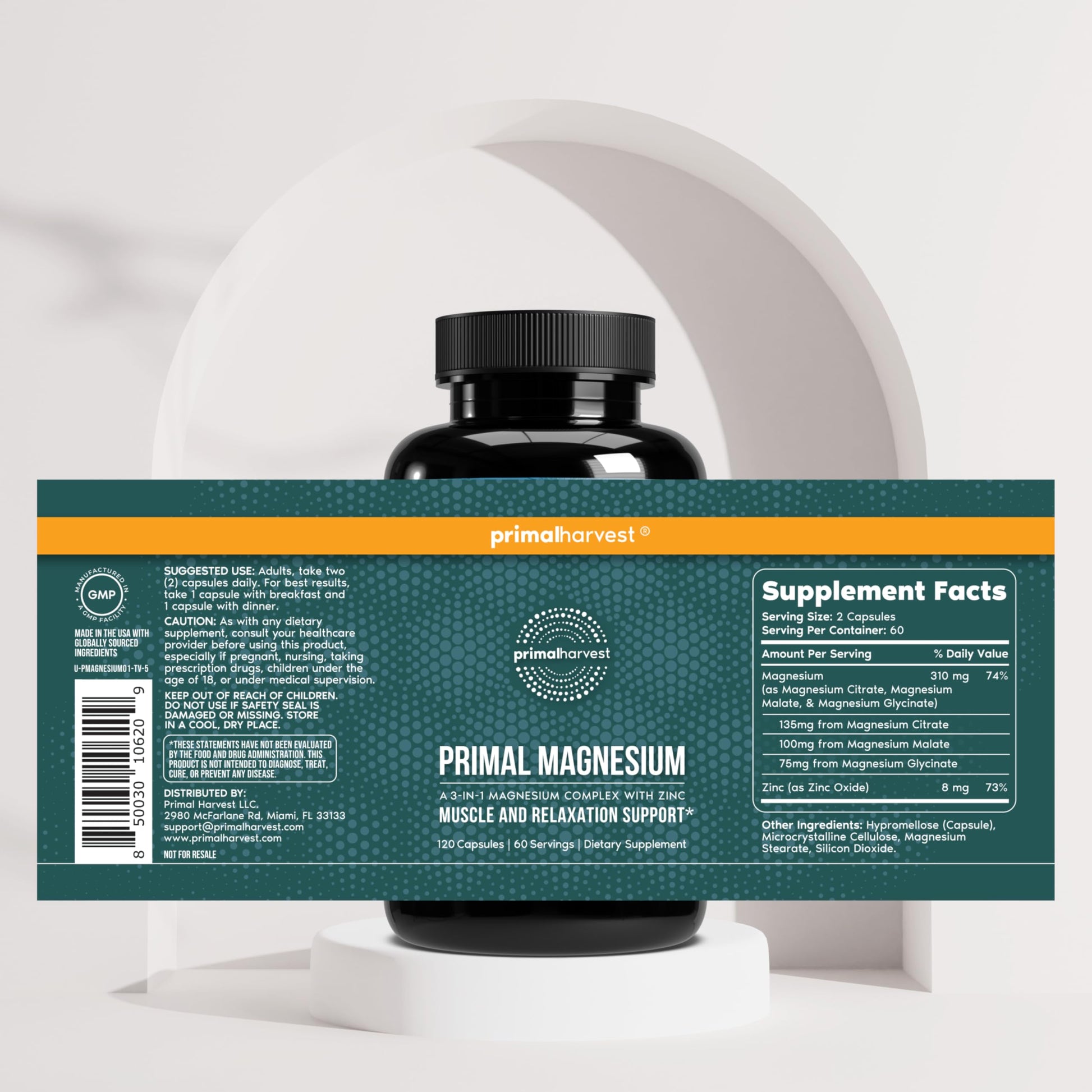Magnesium Supplement Complex 310mg by Primal Harvest with Magnesium Glycinate, Citrate, Malate, and Zinc 120 Capsules Primal Harvest buy supplements Au