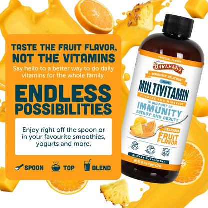 Barlean's Liquid Multivitamin for Women, Men & Kids, 21 Essential Vitamins & Minerals, Includes Biotin, B-Complex Barlean's