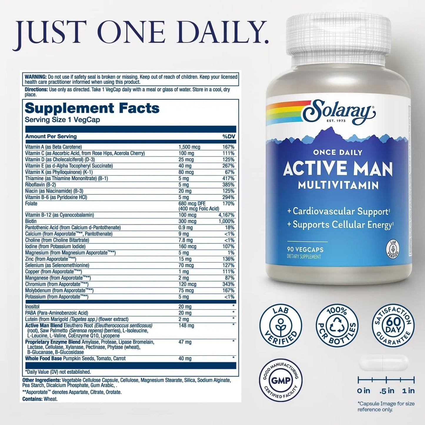 SOLARAY Once Daily Active Man Multivitamin - Cellular Energy and Immune Support Supplement w/Vitamin D, Vitamin C, B12, B6, Zinc, Lutein SOLARAY