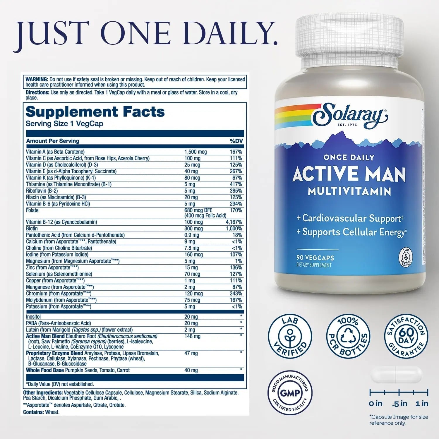SOLARAY Once Daily Active Man Multivitamin - Cellular Energy and Immune Support Supplement w/Vitamin D, Vitamin C, B12, B6, Zinc, Lutein SOLARAY