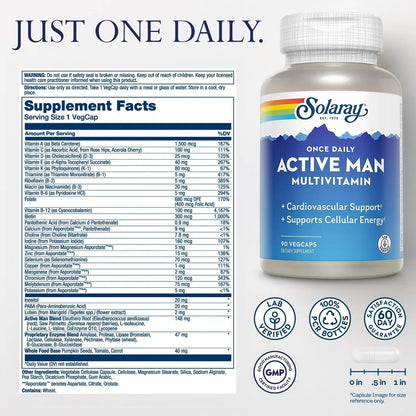 SOLARAY Once Daily Active Man Multivitamin - Cellular Energy and Immune Support Supplement w/Vitamin D, Vitamin C, B12, B6, Zinc, Lutein SOLARAY