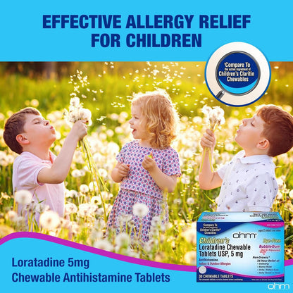 Ohm Children's Allergy Medicine, Loratadine 5mg, Chewable Tablets (30 Count) Bubblegum Flavor, Non-Drowsy Antihistamine, 24-Hour Allergy Relief for Runny Nose, Watery Eyes, Itchy Throat & Nose