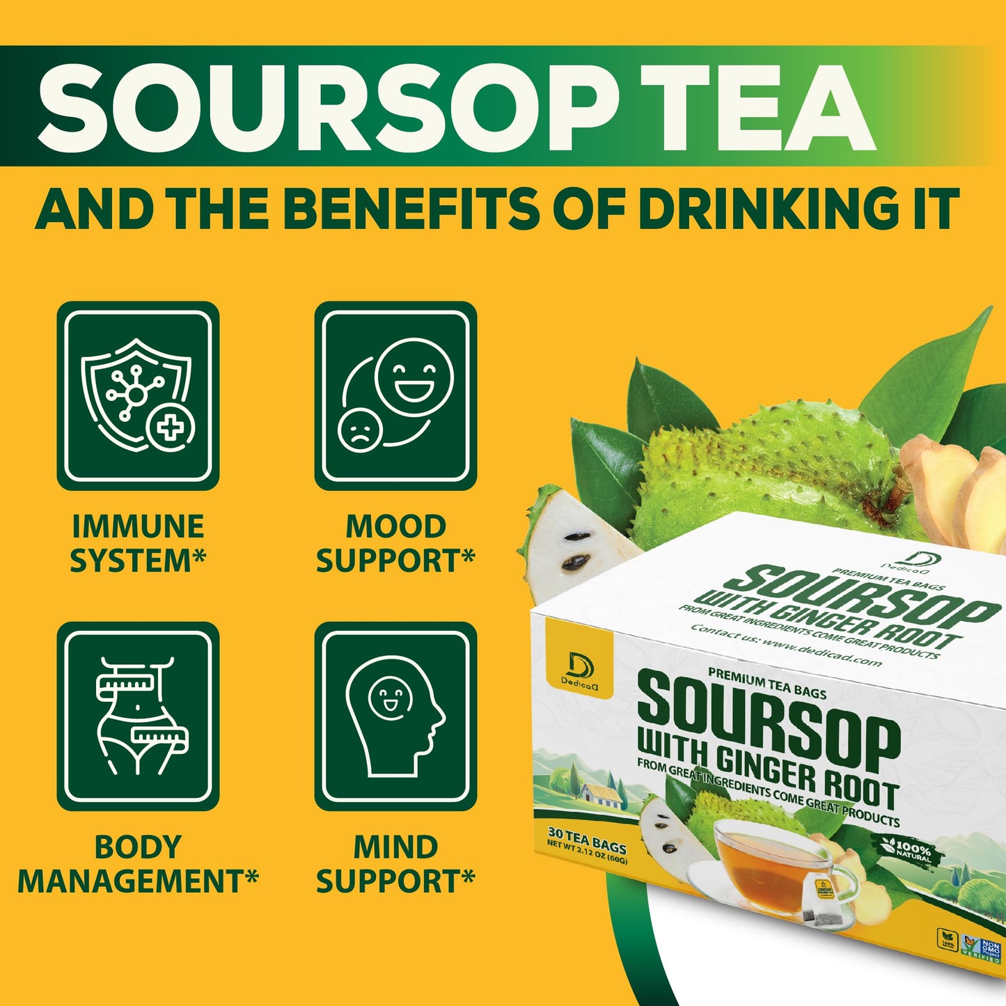 DEDICAD Soursop Leaves Tea Bags with Ginger, 30 Tea bags, 2gr/bag - Non-GMO/Caffeine free - Support Digestion, Well Skin, Immune System DEDICAD buy supplements Au