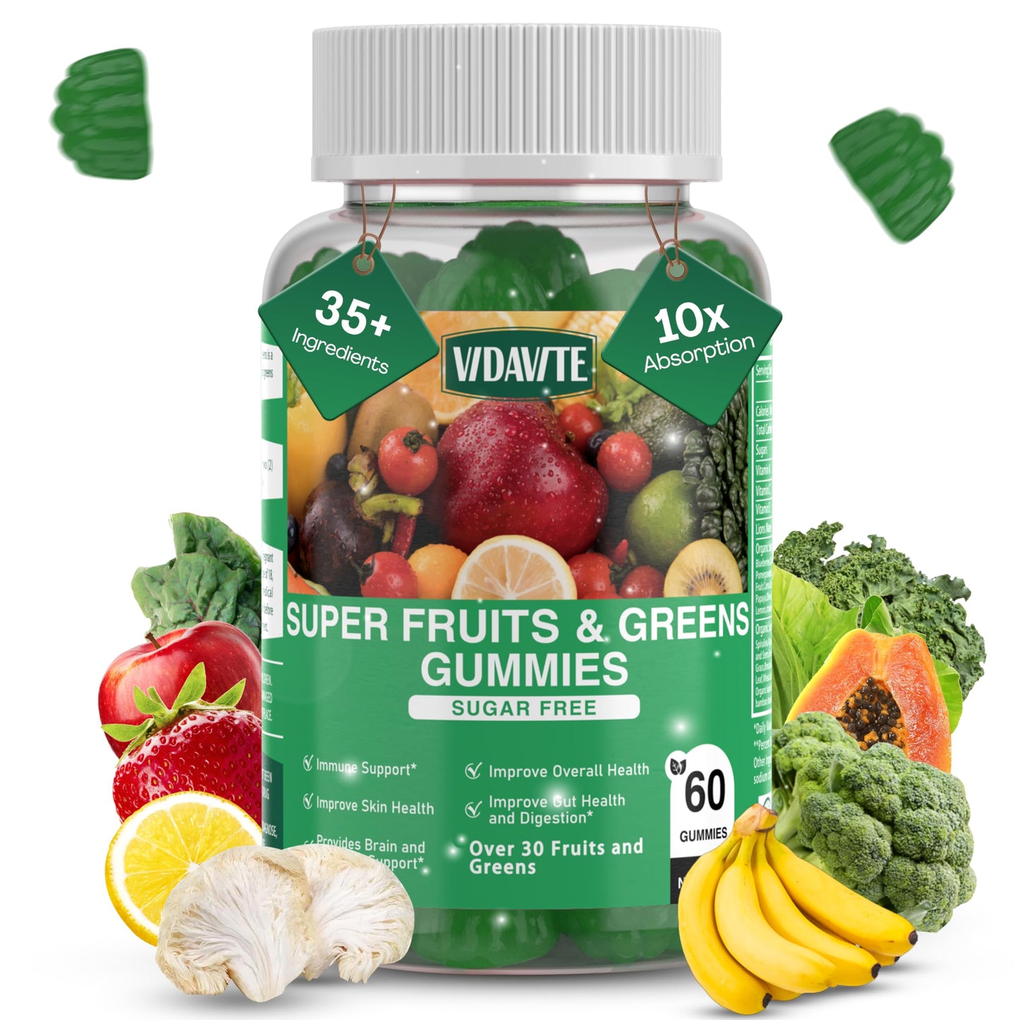VIDAVITE Sugar-free Super Greens Gummies — US-Made, 35+ Fruit and Veggie gummies to Boost Immunity, Skin & Gut Health — Ideal Fruits and Vegetables Supplement for Adults & Picky Teens (30-Days Supply) VIDAVITEBuy Supplements Australia