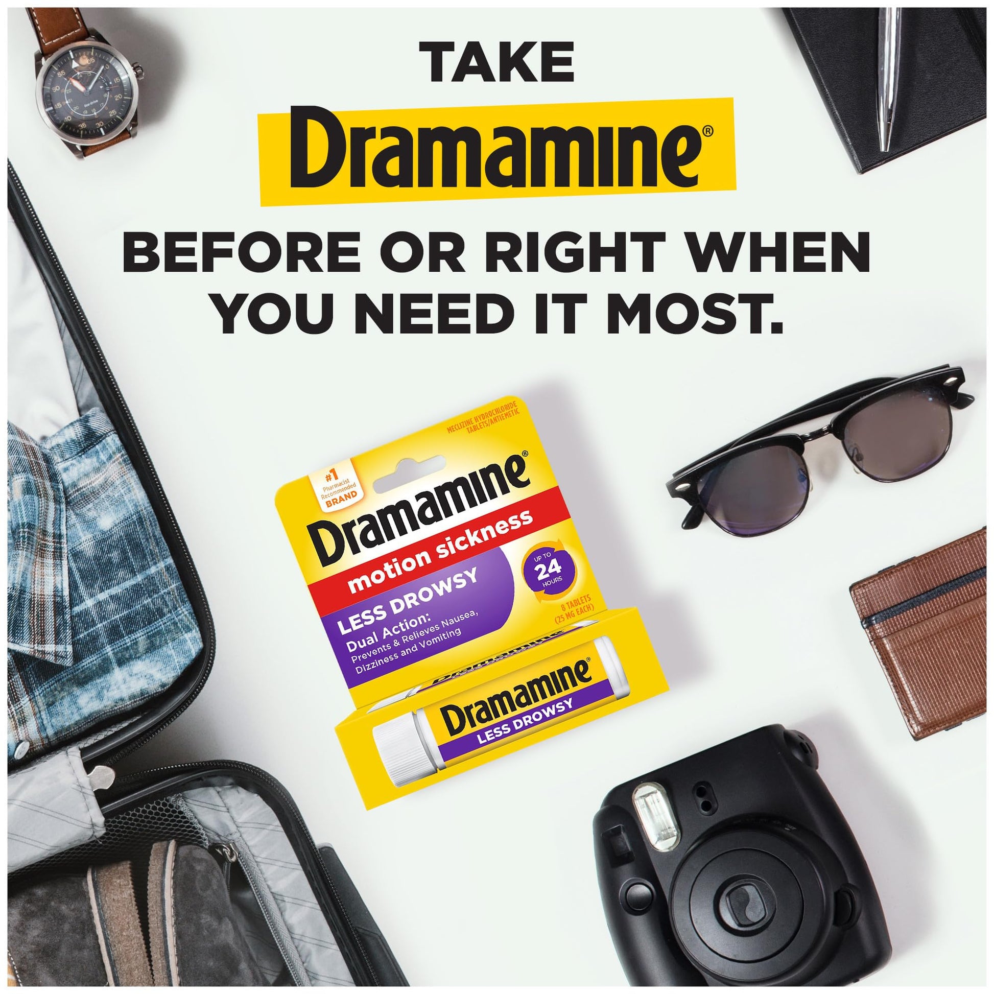 Dramamine Motion Sickness Less Drowsy, Travel Vial, Multicolor, 8 Count Dramamine buy supplements Au