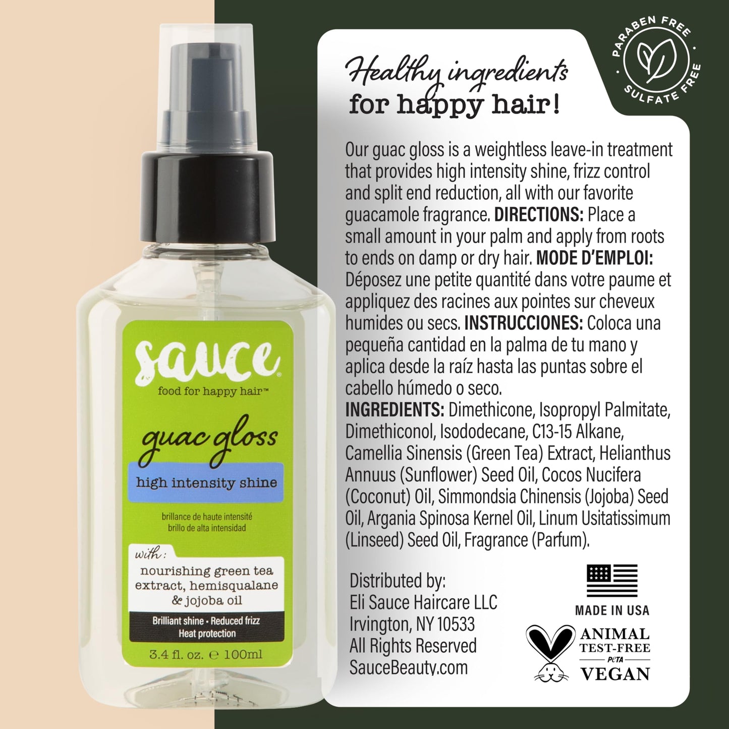 SAUCE BEAUTY Guac Hair Gloss, 3 Fl Oz High Intensity Shine, Jojoba Oil, Green Tea Extract & Squalane to Smooth, Boost Shine & Control Frizz for Sleeker, Softer, More Manageable Hair, Vegan Formula SAUCE BEAUTYBuy Supplements Australia