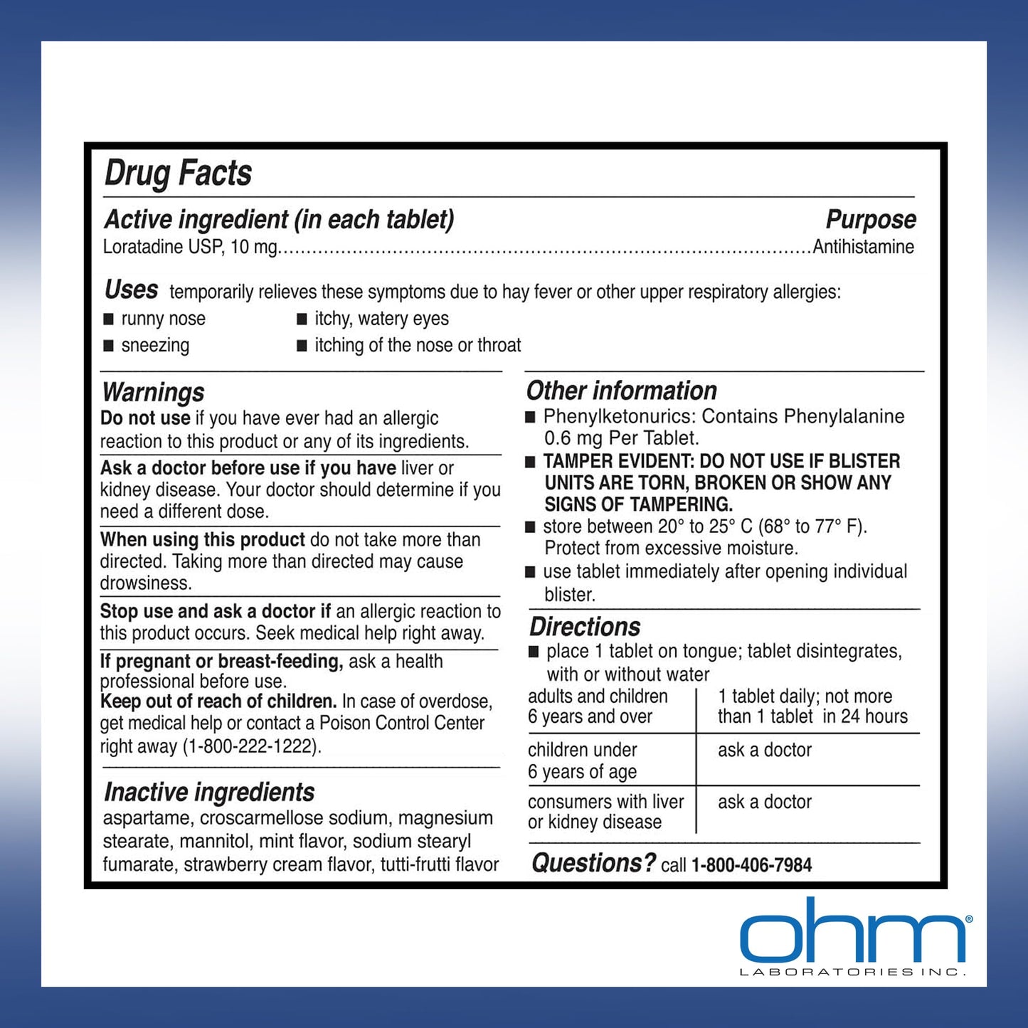 Ohm Allergy Pills - Loratadine Allergy 24 Hour Non Drowsy Relief for Seasonal Allergies, Sneezing - Loratadine 10 mg Antihistamine for Effective Non-Drowsy 24-Hour Symptom Relief - 100 Count Ohm buy supplements Au