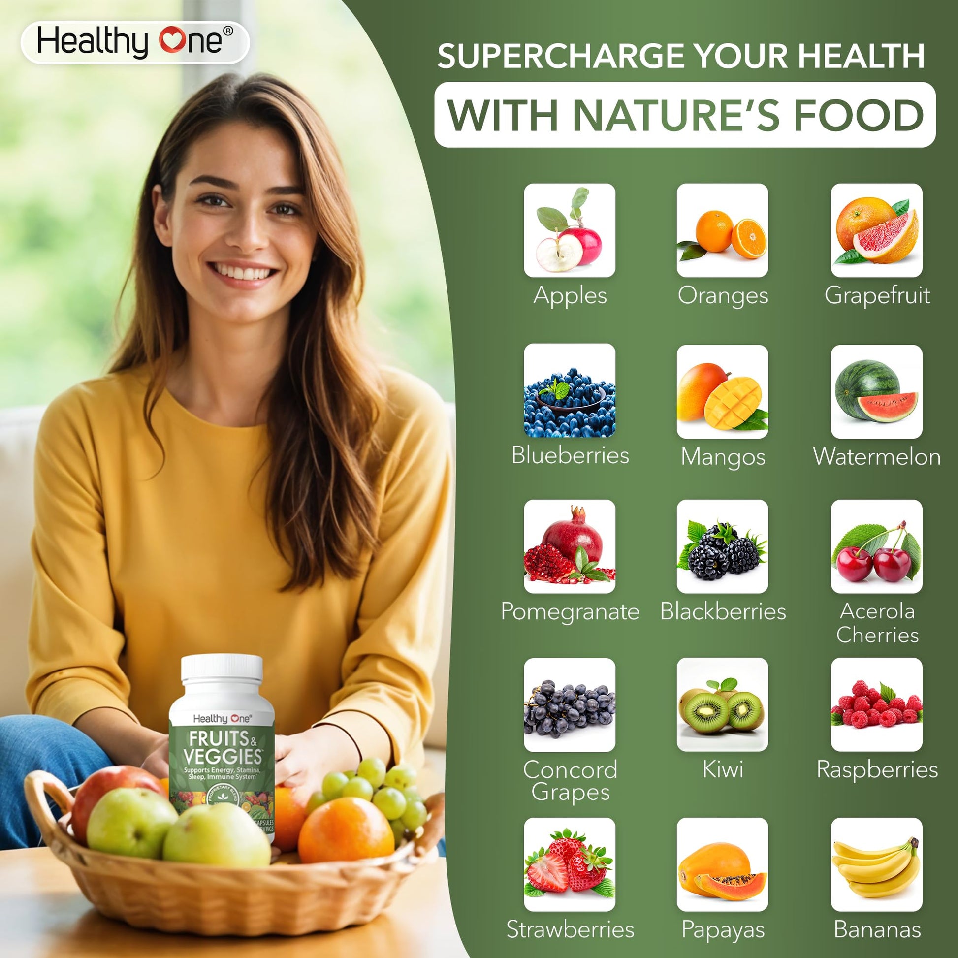 Fruits & Veggies Formula - 27 Premium Whole Foods - Organic Ingredients - Equals 3 Servings of Fruits & Vegetables - Improve Energy, Focus & Immune Function - Fiber - Antioxidants - 120ct (60 Serv) Healthy One buy supplements Au