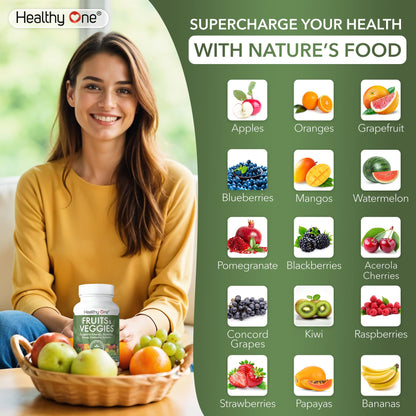Fruits & Veggies Formula - 27 Premium Whole Foods - Organic Ingredients - Equals 3 Servings of Fruits & Vegetables - Improve Energy, Focus & Immune Function - Fiber - Antioxidants - 120ct (60 Serv) Healthy One buy supplements Au