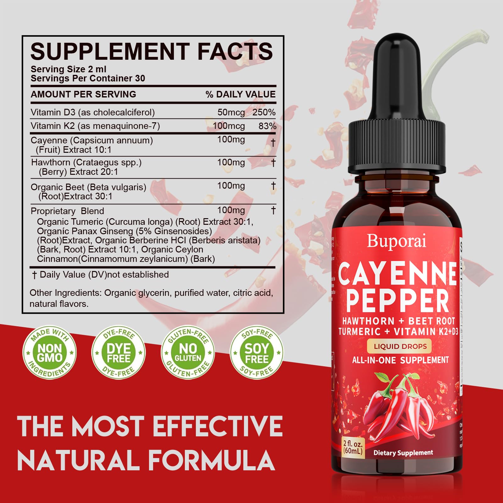 Buporai Cayenne Pepper Drops, Cayenne Pepper Extract Liquid Supplement for Overall Well-Being, 2 fl oz, Vitamin D3 K2 Beet Root Powder BuporaiBuy Supplements Australia