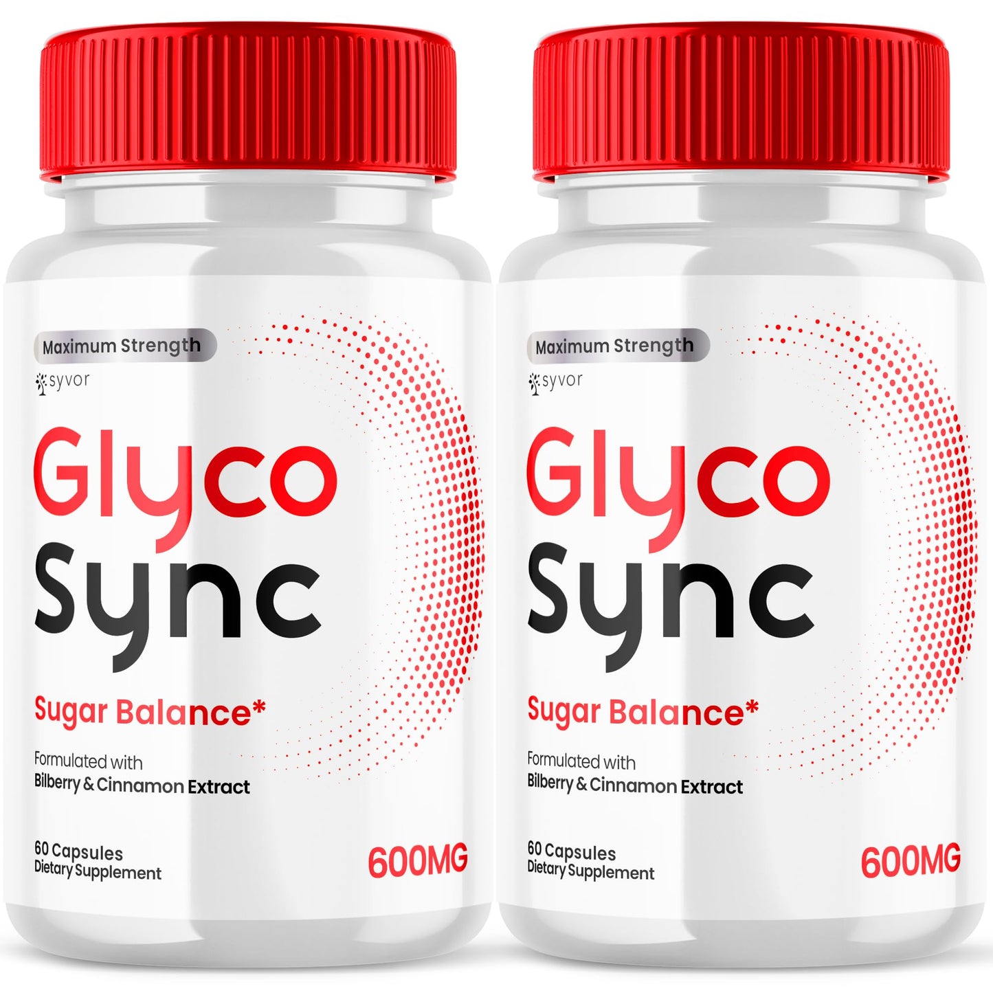 Two bottles of Glyco Sync dietary supplements with red caps on a white background